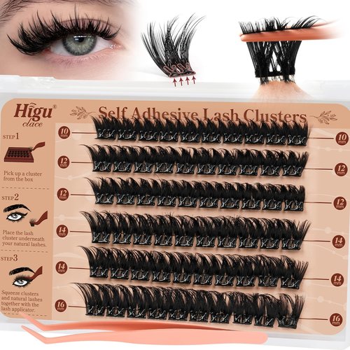 Higu clace Self Adhesive Eyelashes Volume Pre Glued lash clusters kit Mix 10-16mm, Preglued Eyelash No Glue Needed Easy to Use, DIY Eyelash clusters(AD11)