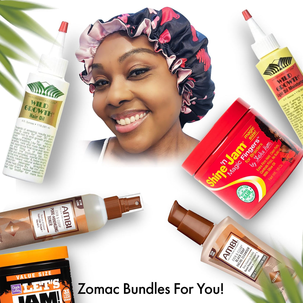 Zomac Satin Bonnet with 14 in 1 Miracle Worker Hair Moisturizer, Shampoo, and Conditioner Gift Set. Includes Gift Bag. Pamper Yourself or a Friend (Hearts)