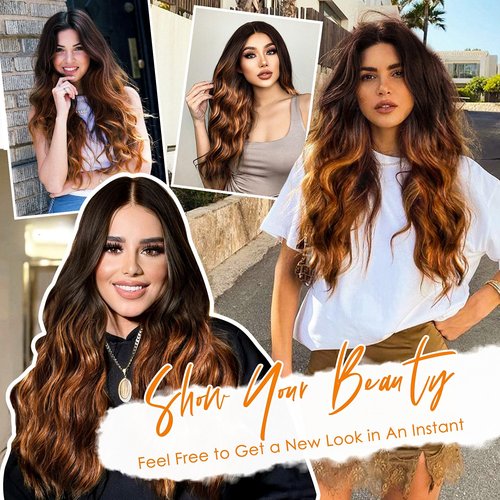 SHINLEA Brown Highlight Wig for Women, 26 Inch Long Wavy Lace Hairline Middle Part Natural Looking Synthetic Heat Resistant Fiber Wigs for Daily, Party, Halloween and Cosplay, Brown Highlight