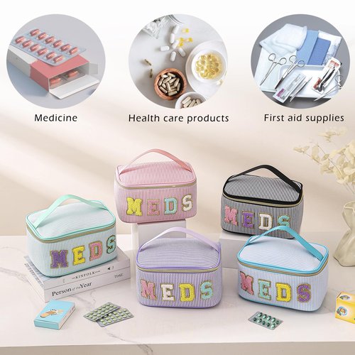 uekeboag Personalized Chenille Letter Seersucker MEDS Makeup Bag,Large Size Medicine RX Cosmetic Bag with Top Handle, First Aid Travel Organizer Bag for Women Girls(03Purple)
