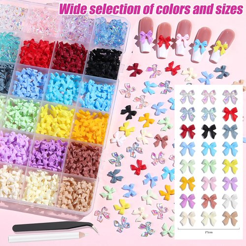 720 Pieces Bow Nail Charms 24 Color Multicolor 3D Bows for Nails Includes 5 Colors Transparent Bow Charms for Nails with Pickup Tool Cute Colorful Nail Bows for Manicure DIY Nail Decoration