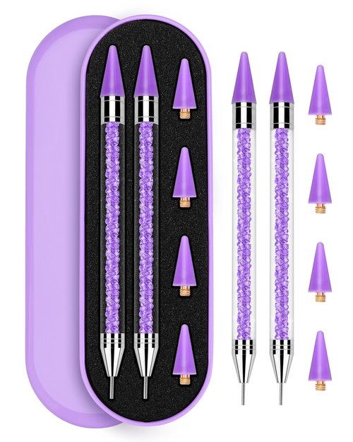 Rolybag Rhinestone Picker Tool, 2PCS Rhinestone Applicator Tool Dotting Wax Pen Dual-Ended with 4PCS Replaceable Wax Tips for DIY Nail Art Tool (Purple)