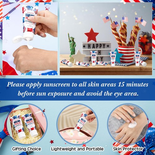 Dansib 24 Pcs Mini Sunscreen Bulk for Summer Wedding Party Spf 30 Water Resistant Sunscreen Lotion Bulk 1oz Travel Size for Thank You Gifts Wedding Party Supplies(White Cream,Independence Day)