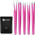 Alfaly Tweezers Set - Professional Stainless Steel 5-Piece Precision Tweezer for Men & Women - Great for Facial Hair Removal, Eyebrow Shaping, Splinters & Ingrown (Pink)
