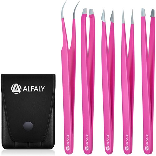 Alfaly Tweezers Set - Professional Stainless Steel 5-Piece Precision Tweezer for Men & Women - Great for Facial Hair Removal, Eyebrow Shaping, Splinters & Ingrown (Pink)
