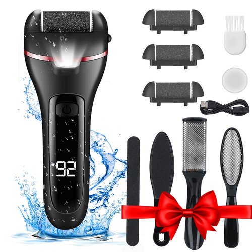 Electric Foot File, Wetisedg® Rechargeable Callus Remover for Feet, Hard Skin Remover, Pedicure kit with 3 Rollers LED Light, Foot Care Kit (Black)