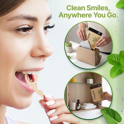 Verde Living Double Thread Biodegradable Floss Picks (200-Count) - Mint Flavoured Eco-Friendly Plant-Based Dental Flossers for Tight Teeth - Plastic-Free Floss with Ergonomic Design for Sensitive Gums