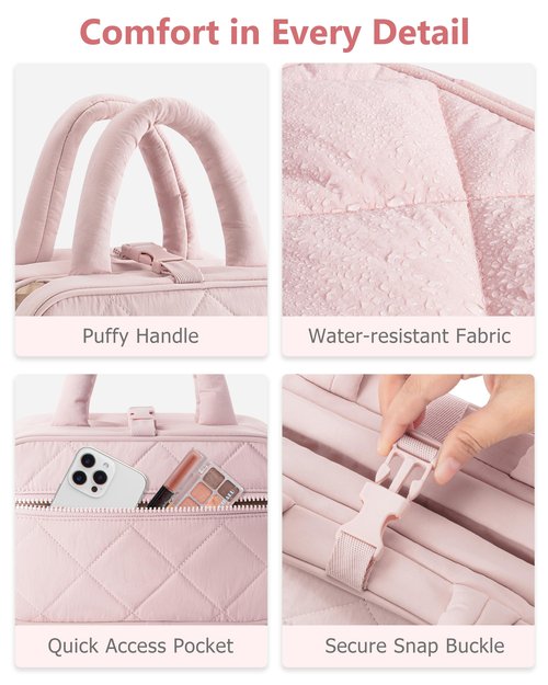 Marscamd Travel Toiletry Bag for Women with Hanging Hook, Puffy Makeup Organizer with Brushes Slots for Bathroom, Shower and Beauty Essentials, Pink