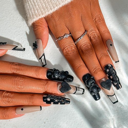 Sethexy French Long Coffin False Nails Handmade Glossy Acrylic Luxury Fake Nails 3D Black Bow Love Heart Bear Press On Nails Checkerboard Salon Quality Nail Removable for Women and Girls 10Pcs（U）