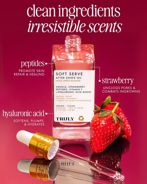Truly Beauty Soft Serve After Shave Oil | Hydrating Treatment for Ingrowns & Irritation | Peptides, Hyaluronic Acid & Strawberry Extract | Soothes & Smooths Skin | Strawberry Vanilla Scent (3.1 Fl Oz)