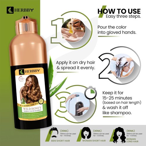 HERBBY Hair Color Shampoo - Gray Hair Coverage & Color Transformation with 9 Herbal Extracts | Long Lasting (6-8 Weeks), 500ml (Wild Honey Color)