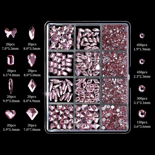 Cycullinyt 1660Pcs Pink Nail Art Rhinestones: 8 Types of Multi Shapes Diamonds + 4 Sizes Flatback DIY Crafts Rhinestone Crystals 3D Glass Stones Set + Tweezer + Pickup Pen