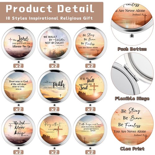 RattanView 18 Pcs Christian Compact Mirrors Gifts for Women Bulk Inspirational Religious Pocket Makeup Mirror with Bible Verse for Mom Ladies Church Party Favors VBS Sunday School
