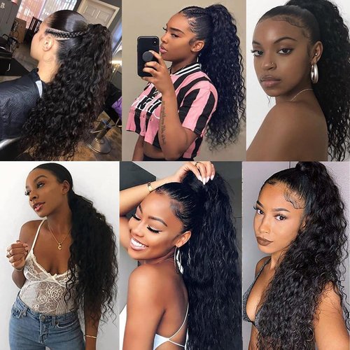 SAKALAKA Ponytail Extension Drawstring Human Hair Clip in Pony Tail Extensions for Black Women Curly Wave Thick Natural Looking Hair Pieces Water Wave Human Hair Ponytail（16Inch）