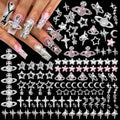 RODAKY 128PCS Silver Nail Charms Cross Star Charms for Nails 3D Saturn Planet Nail Jewelry Pink Nail Rhinestone Gems Mixed Style Y2K Nail Decoration Manicure Design Nail Accessories