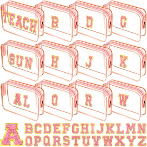 Huhumy 12 Personalized Initial A-z Preppy Patch Clear Makeup Bag Initial Letter Beach Travel Toiletry Cosmetic PVC Bag DIY Chenille Letter Patches Easter Exchange Gifts(Pink, Pink Letters)
