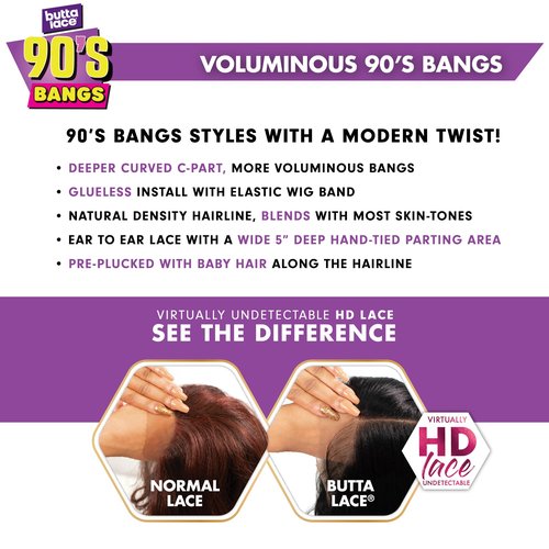 Sensationnel Butta Lace 90Sbangs Wigs - Unit 909 Glueless Wide Deep Part Synthetic Preplucked Hairline (1B OFFBLACK)