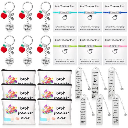 LEIFIDE 24 Pcs Teacher Appreciation Gifts Set, Thank You Birthday Gifts for Teachers 6 Teacher Cosmetic Bag 6 Teacher Blessing Card Bracelet 6 Bookmarks 6 Keychain for Women Teachers Day Graduation
