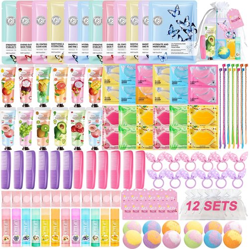 UUNZ 144 PCS Spa Party Supplies for Women, Spa Party Favors Include Face Masks Skincare, Hand Cream, Lip Balm, Eye Mask, Lip Mask,Foot Bath Bomb, Hair Brush, Spa Birthday Sleepover Party Supplies