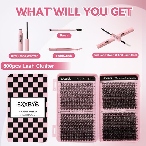 EXXBYE 800pcs Lash Extension Kit 30D 40D 50D 60D Wispy Eyelash Clusters D Curl 8-17mm False Lashes with 4 Lash Tools (Lash Bond and Seal, Lash Tweezers, Lash Remover，Lash Brush)