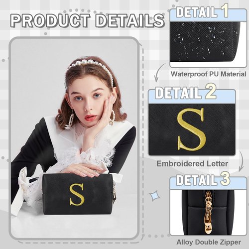 Personalized Gift Initial Makeup Bag,Preppy Gold Embroidered Letter Cosmetic Bag Stocking Stuffers for Teen Girls,Small Travel Toiletry Bag,Custom Christmas Birthday Gift for Women Mom Kids(Black-S)