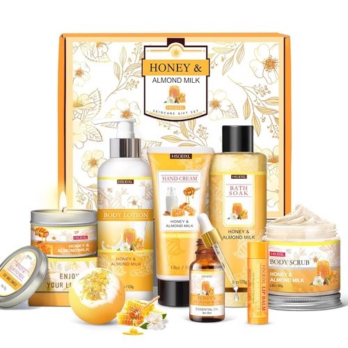 Skiennix 9-Pc Almond Milk & Honey Bath Set - Luxurious Self-Care Spa Gifts for Women | Perfect Birthday Gift