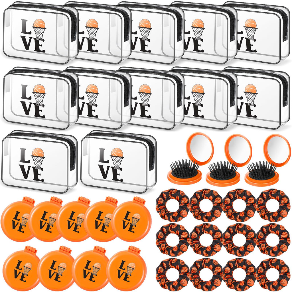 Yungyan 36 Pcs Basketball Gifts 12 Basketball Makeup Bag for Women Party Favors Team Gifts with 12 Sport Hair Scrunchies 12 Round Portable Folding Brush