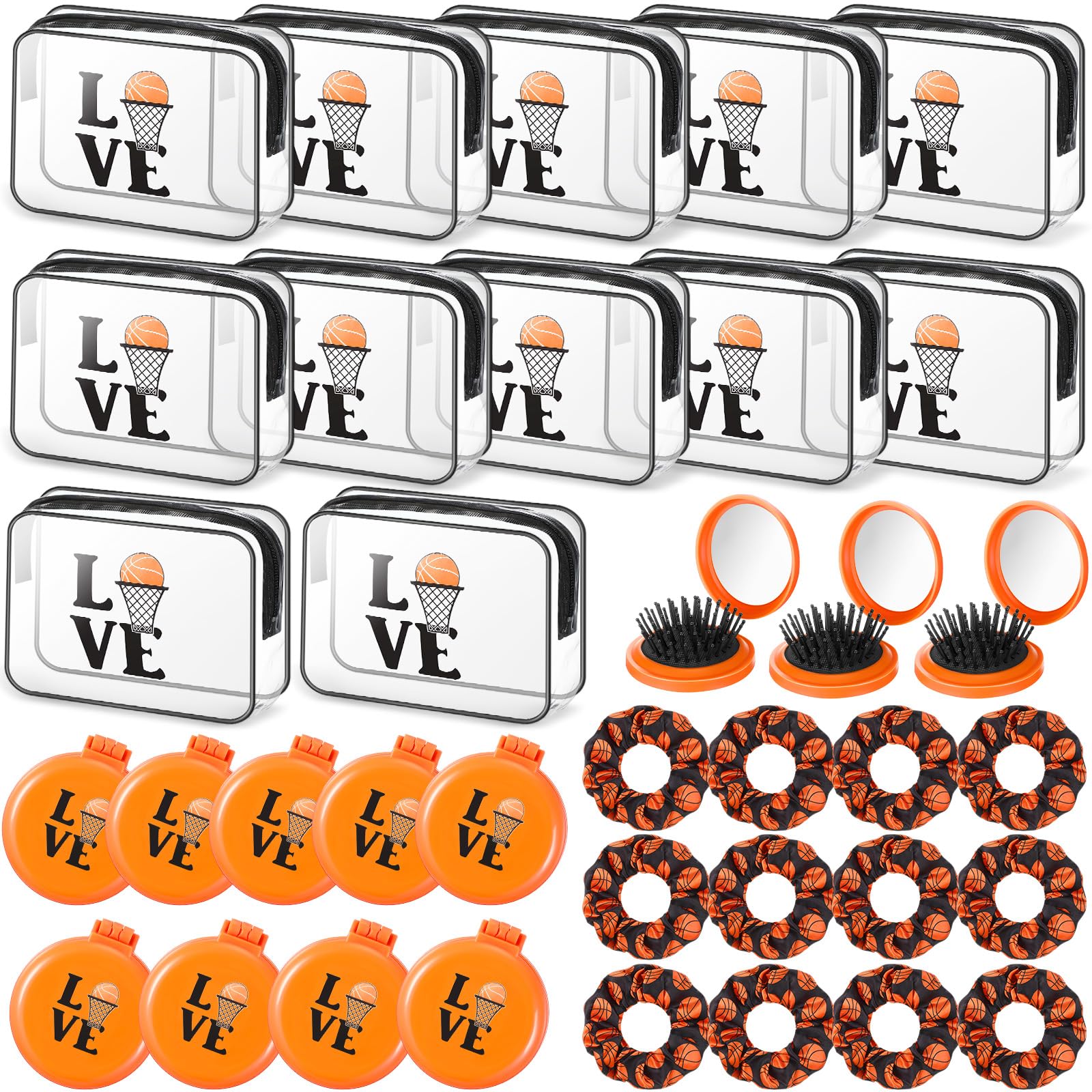 Yungyan 36 Pcs Basketball Gifts 12 Basketball Makeup Bag for Women Party Favors Team Gifts with 12 Sport Hair Scrunchies 12 Round Portable Folding Brush