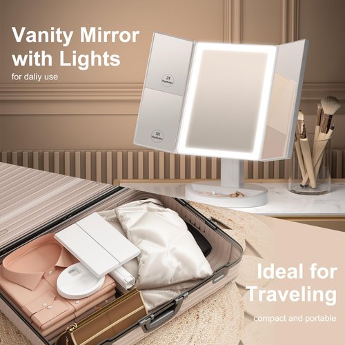 S'bagno LED Makeup Mirror with Lights, 1X/2X/5X Magnification, 3 Color Dimmable LED Modes, 270° Rotation, Trifold Vanity Mirror for Travel, Skincare & Grooming