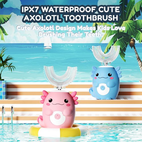 PVOGRT Kids Electric U Shaped Toothbrush - Axolotl Kids Sonic Toothbrush with 6 Brush Head Automatic 6 Cleaning Modes Full Mouth Cleaning-Pink