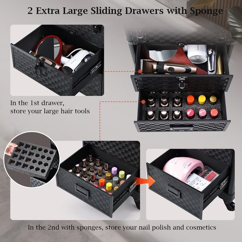 Stagiant Rolling Makeup Case with Drawers Cosmetology Case on Wheels 3 IN 1 Makeup Case 2 Drawers with Foot Stand Spring-release Mechanism Rolling Make Up Organizer for Artist Salon Nail Teach Trunk