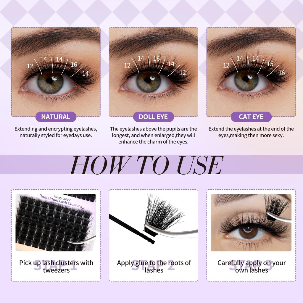 WENDY LASHES 3D-Effect Lash Clusters 100D+200D Eyelash Extensions 119PCS Wispy Lash Cluster 12-16mm Fluffy Eyelashes Cluster D-Curl Individual Lashes DIY Cluster