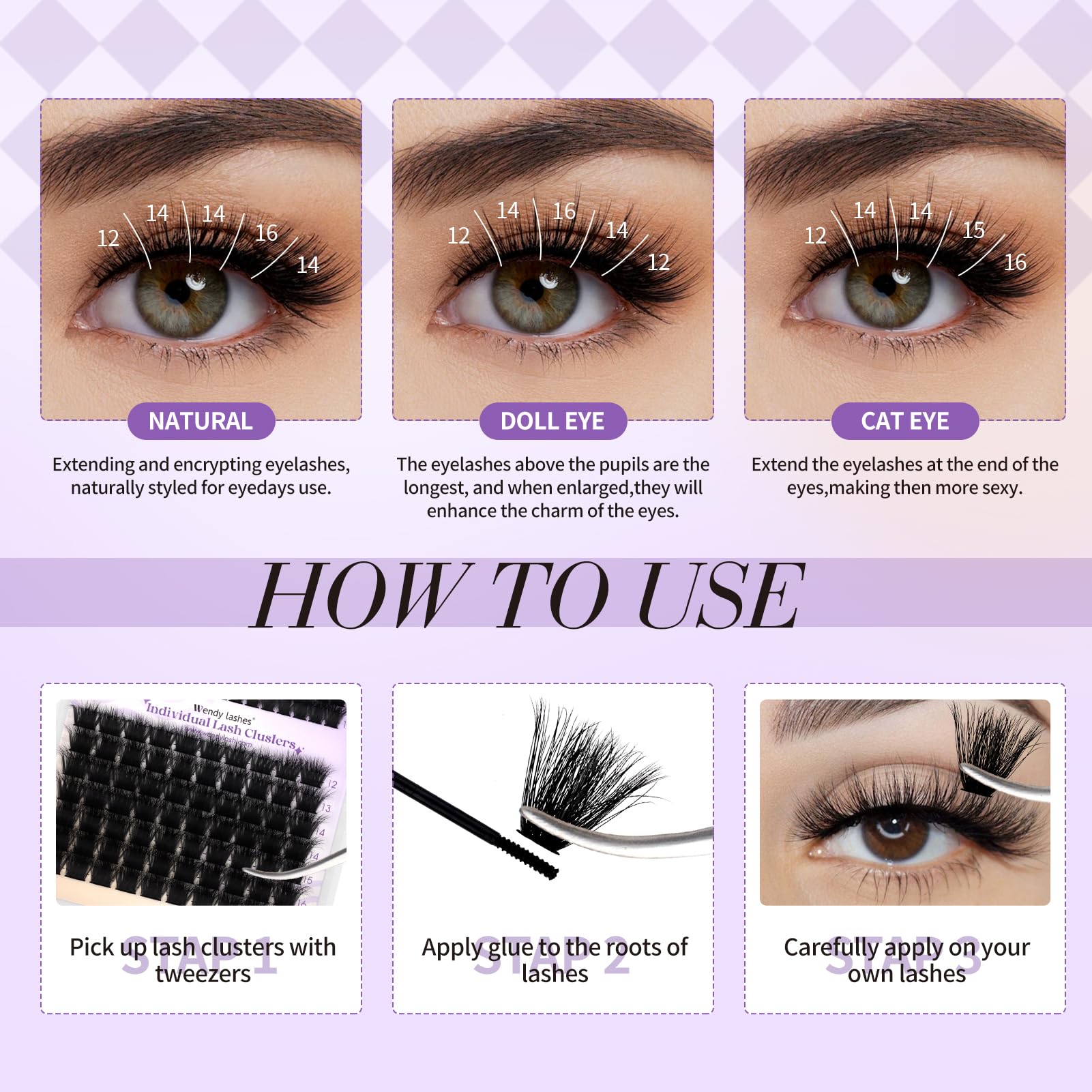 WENDY LASHES 3D-Effect Lash Clusters 100D+200D Eyelash Extensions 119PCS Wispy Lash Cluster 12-16mm Fluffy Eyelashes Cluster D-Curl Individual Lashes DIY Cluster