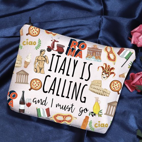 POFULL Italy Map iconic traditional Souvenir Gift ITALY Is Calling and I Must Go Traveller Zipper Pouch Makeup Bag (white ITALY Calling Bag)