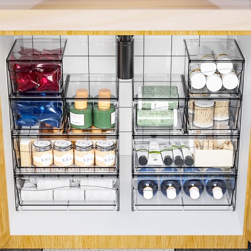 6 Pack Clear Stackable Storage Drawers,12"W Large Bathroom Makeup Organizer and Pen,Sunglass,Medicine,Baby Bottle Organizer,Plastic Pull Out Storage Bins for Desk,Under Cabinets,Vanity Countertop