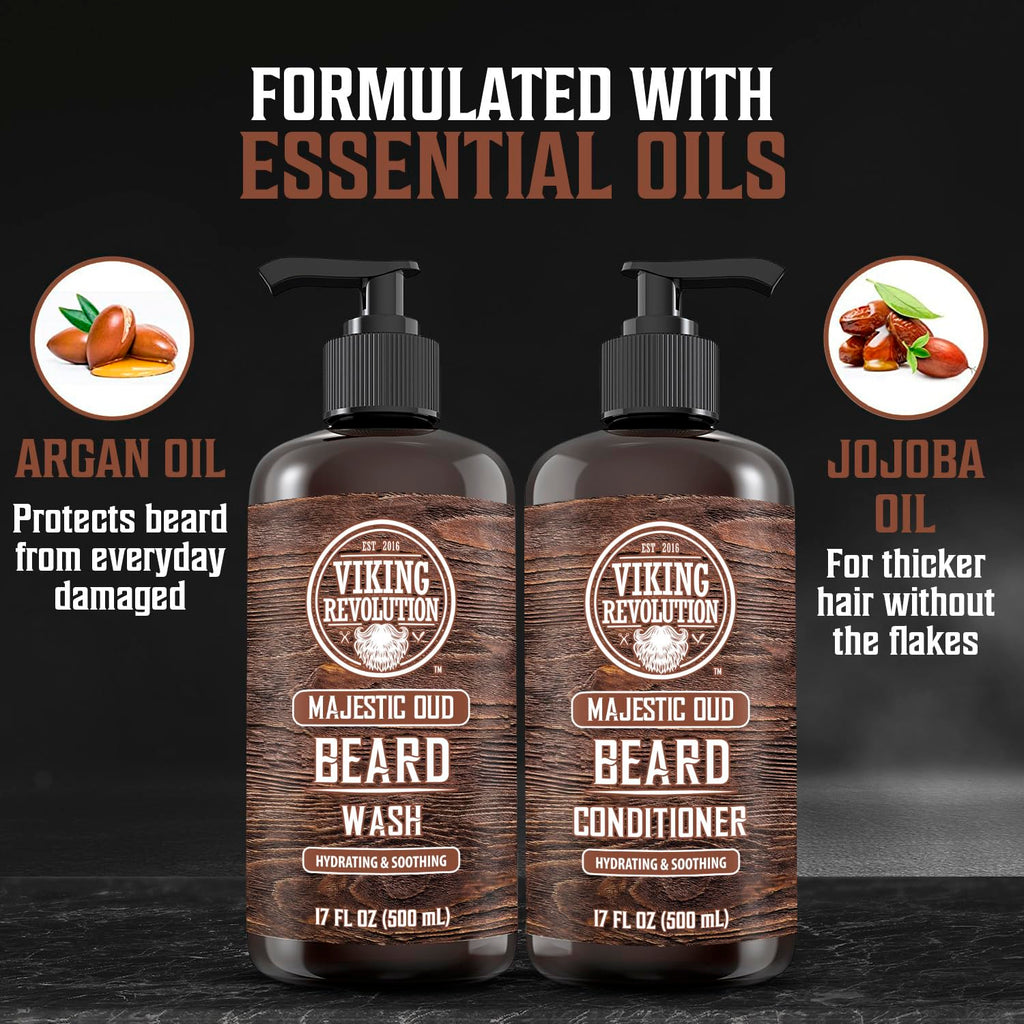 Viking Revolution Beard Wash and Beard Conditioner for Men with Argan Oil and Jojoba Oil - Beard Softener and Strengthener Beard Care Beard Shampoo and Conditioner with Beard Oil (17oz, Majestic Oud)