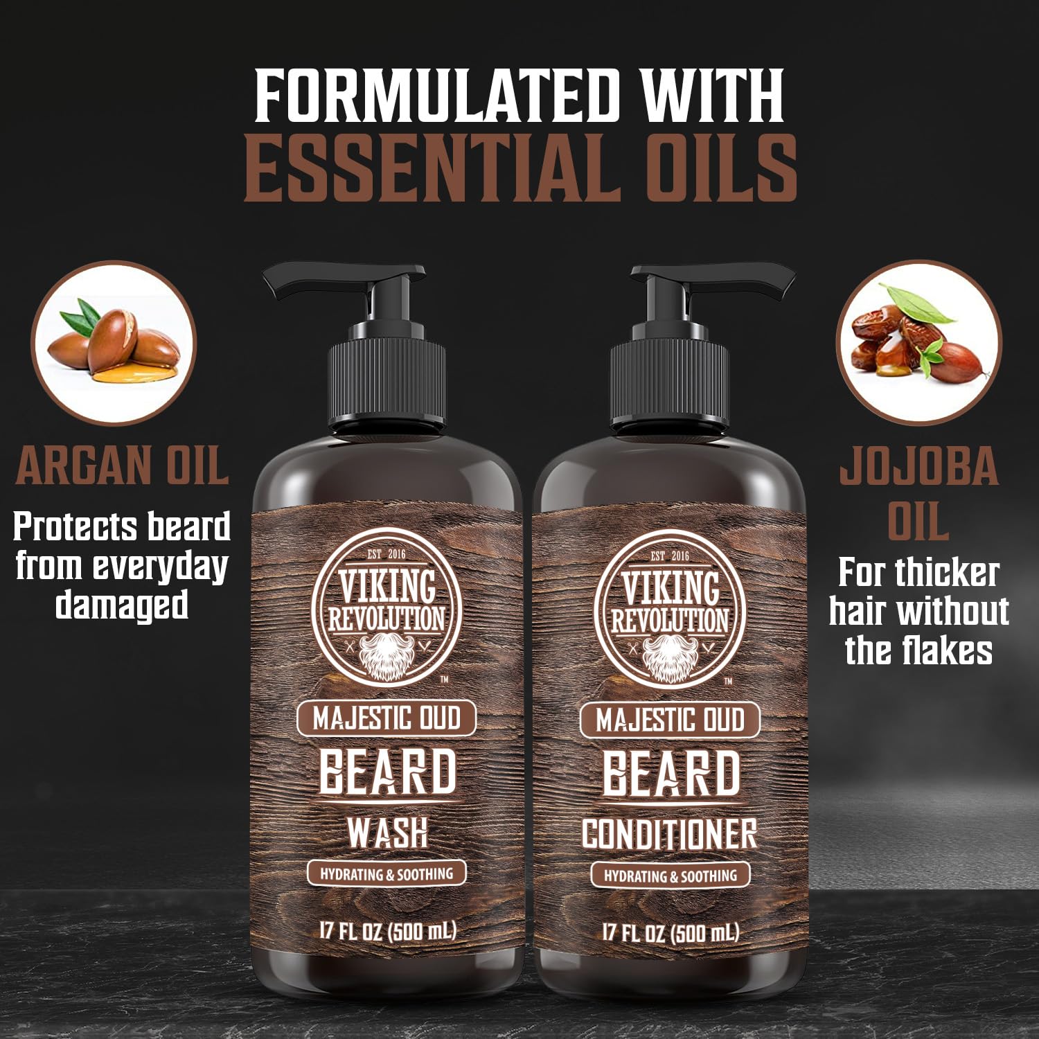 Viking Revolution Beard Wash and Beard Conditioner for Men with Argan Oil and Jojoba Oil - Beard Softener and Strengthener Beard Care Beard Shampoo and Conditioner with Beard Oil (17oz, Majestic Oud)