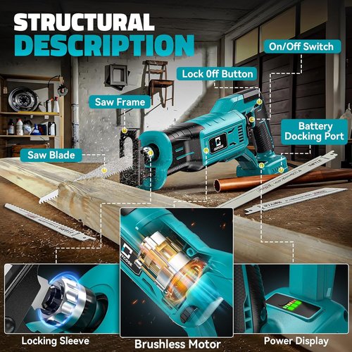 Cerycose Cordless Reciprocating Saw - Compatible with Makita 18V Battery | Variable Speed, 3200 SPM, 4 Blades