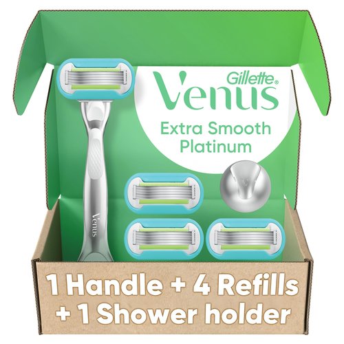 Gillette Venus Platinum Extra Smooth Metal Handle Women's Razor Handle + 4 Blade Refills, Pivoting Head and Ribbon of Moisture