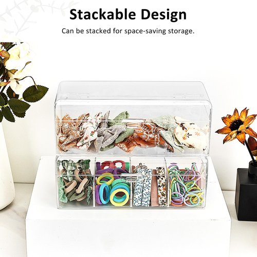 JessLab Hair Accessories Organizer for Girls, Acrylic Hair Bow Tie Clip Scrunchie Holder with Dividers, Clear Stackable Storage Box for Bathroom, Bedroom, Vanity Countertop, 4 Compartment