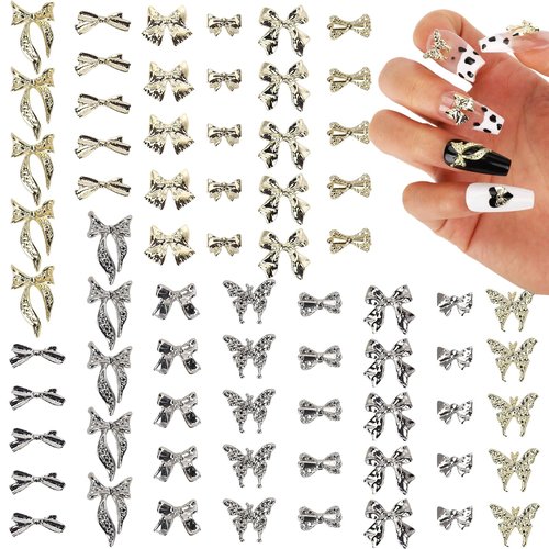 70Pcs Bow Nail Charms,Silver Gold Nail Art Charms Bows Nail Gem Stones,3D Metal Alloy Bowknots Butterfly Charms for Nails, Small Nail Jewels Jewelry Decoration Stuff Supplies for Craft DIY
