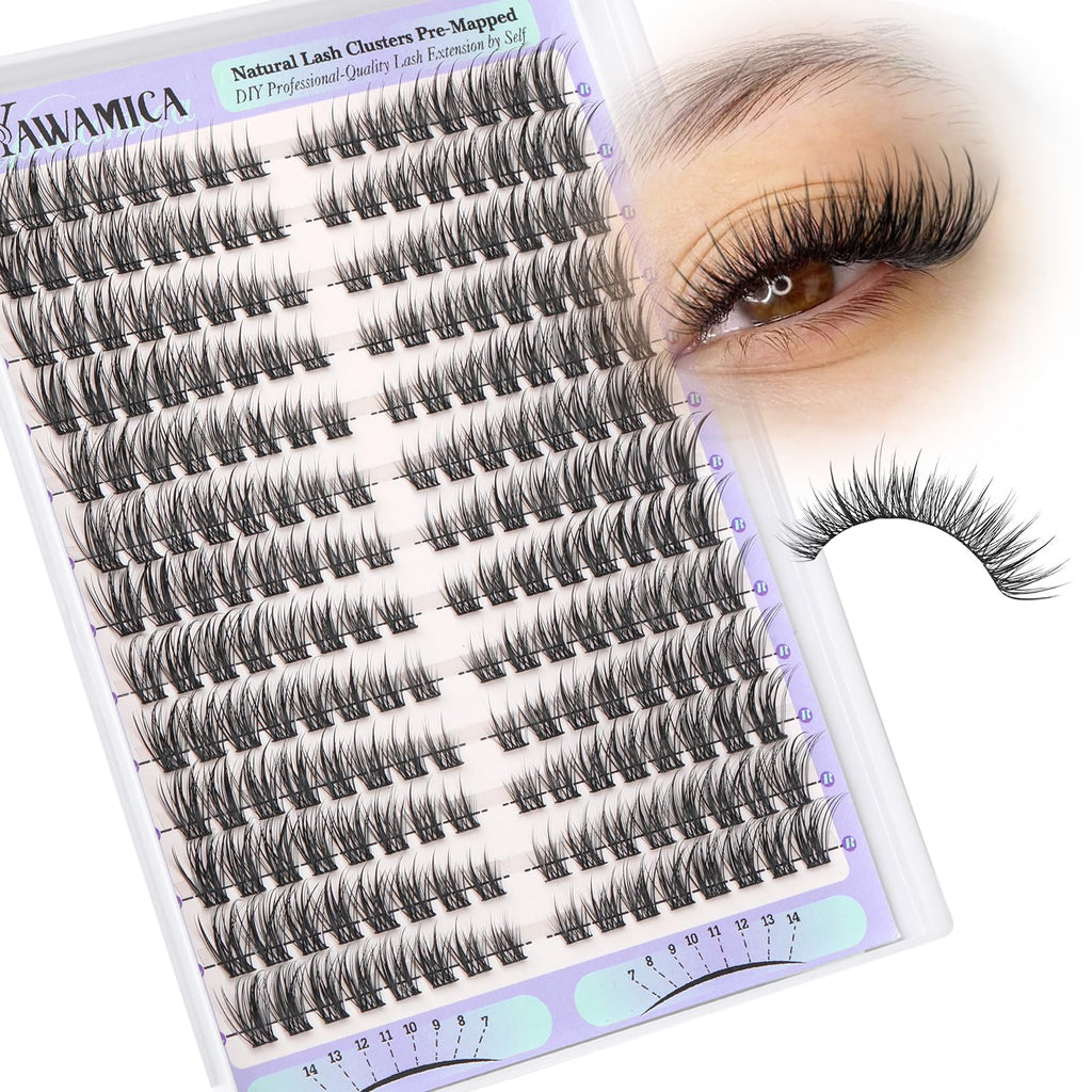 Yawamica Natural Lash Clusters Short Cat Eye Lash Extension 7-14mm Wispy Eyelash Clusters C Curly Individual Lashes Pre-mapped Left Right Cluster Eyelash Extensions DIY Lash Natural Look