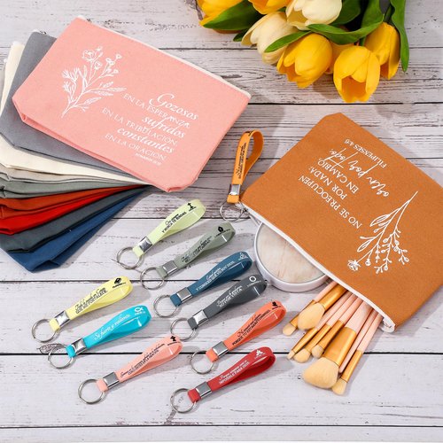 Fumete 20 Pcs Spanish Christian Easter Gifts Bulk for Women Regalos Cristianos En Español Llavero Cristiano Para Mujer En Español Spanish Bible Verse Makeup Bags Keychain(Bright Color)