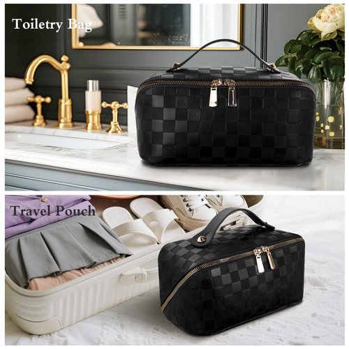 Abiudeng Travel Makeup Bag,Large Capacity Toiletry Bag Cosmetic Bags for Travel Essentials,Waterproof Portable Pouch Open Flat Makeup bag Organizer with Divider and Handle(Checkered-Black)