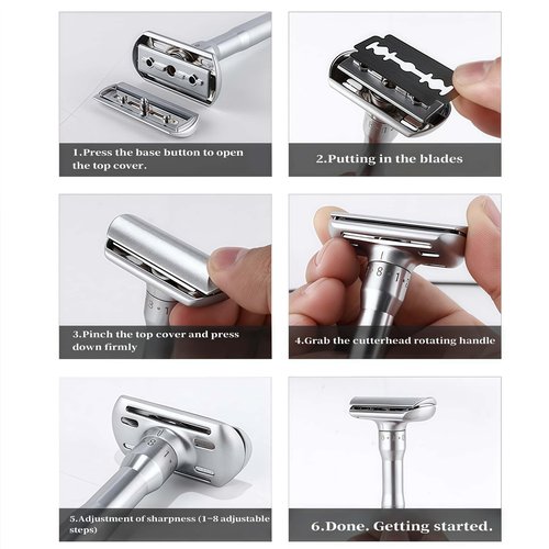 Adjustable Double Edge Safety Razor Shaving Kit for Men & Women - Shaving Brush, 10 Relacement Blades, Cleaning Brush & Razor Holder, Gift for Him, Boyfriend, Dad, Husband