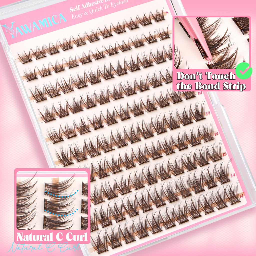 Yawamica Self Adhesive Eyelashes Brown Lash Clusters No Glue Needed Press on Lashes Reusable Pre-glued Eyelash Clusters 8-14mm Wispy Individual Lashes C Curl Cluster Lashes DIY Brown Lash Extension