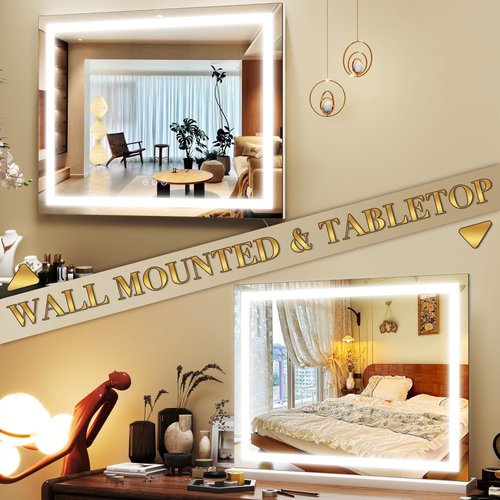 ROLOVE 23x18 Inch Lighted Vanity Mirror, 3-Color Dimmable LED & Touch Control - Large Makeup Mirror for Dressing Room (Wall/Tabletop Mount)
