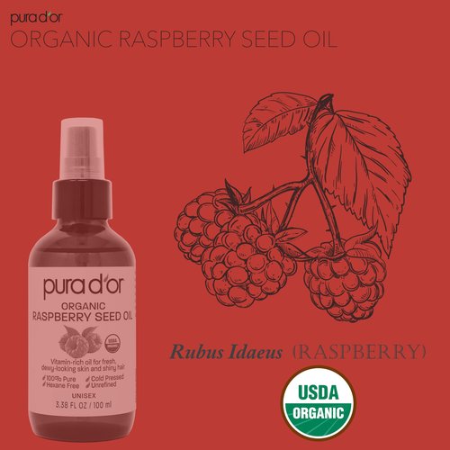 PURA D'OR 3.38 Oz ORGANIC Raspberry Seed Oil - 100% Pure USDA Certified, Cold Pressed Unrefined, Hexane-Free, Premium Grade - Sun Protection For Skin, Body & Hair