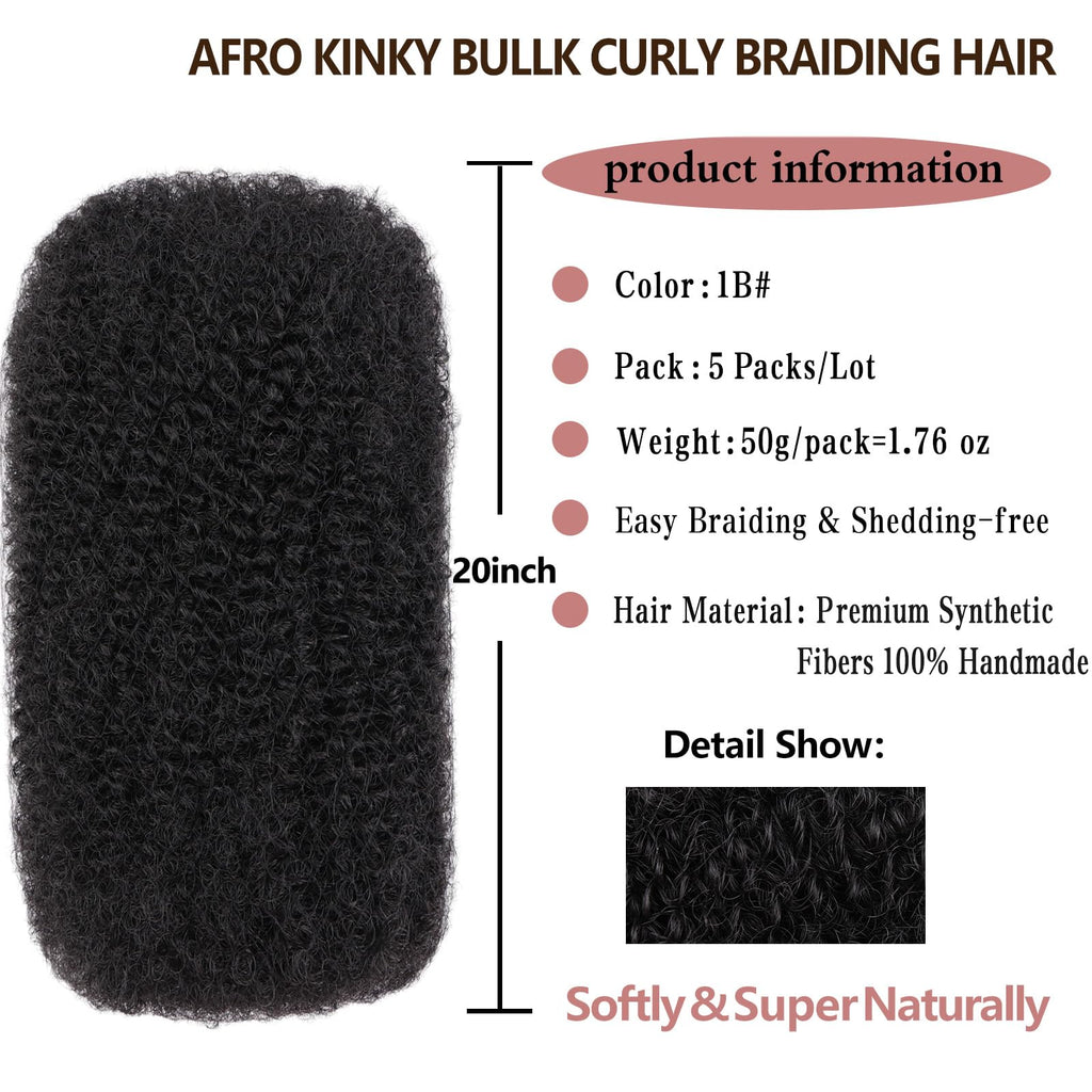 Xtrend 20 Inch 250g 5 Bundles Natural Black Afro Kinky Curly Braiding Bulk Hair For Mini Braiding Twists Afro Kinkys Bulk Synthetic Hair For Micro Spring Twist，Dreadlock Extensions Repair Locs50g/pack