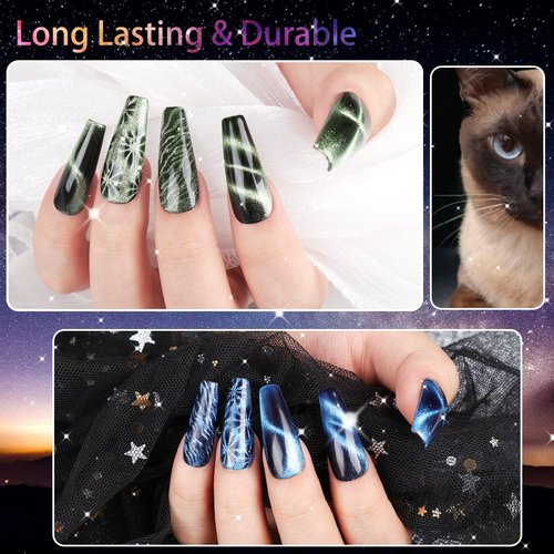Clara Colors Cat Eye Gel Nail Polish Set - 12 Holographic Glitter Shades with 2 Magnet Sticks | DIY Home Manicure